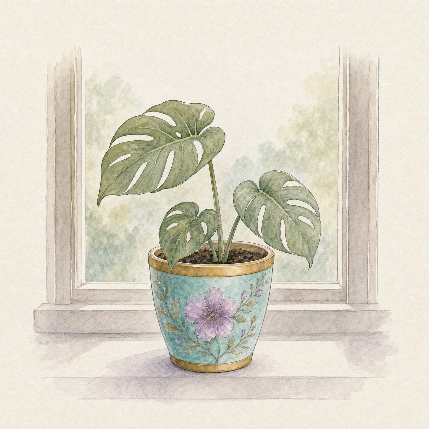 Suluboya: pencere önünde, yeni saksısında genç bir monstera