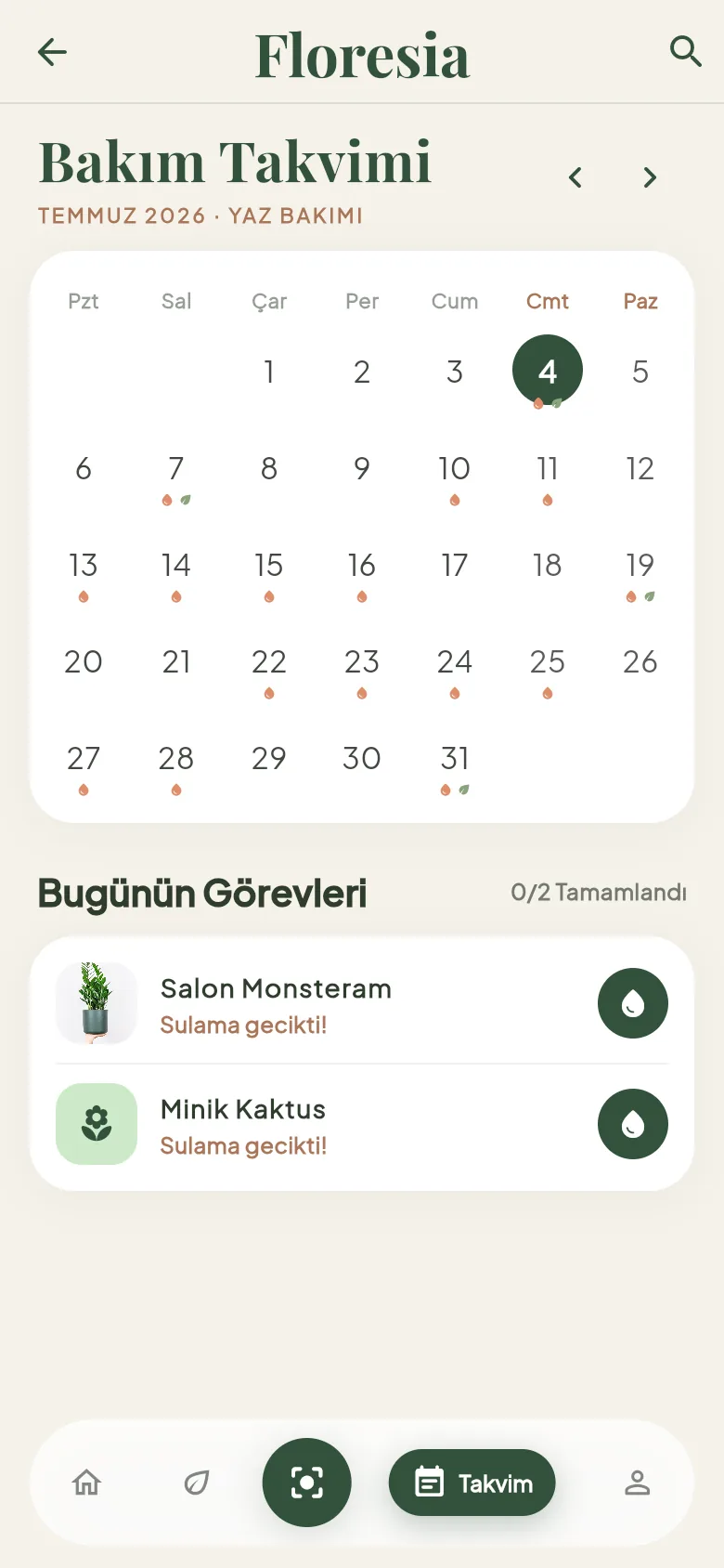 Floresia bakım takvimi: sulama günleri ve bugünün görevleri